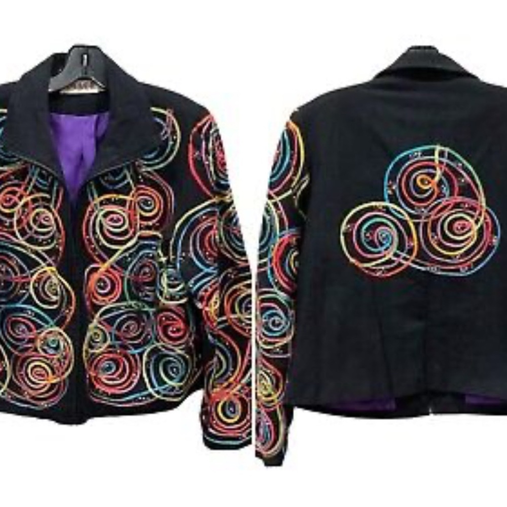 Vintage Women's 80's Style Beaded Black Jacket w/ Colorful Ribbons Size XL